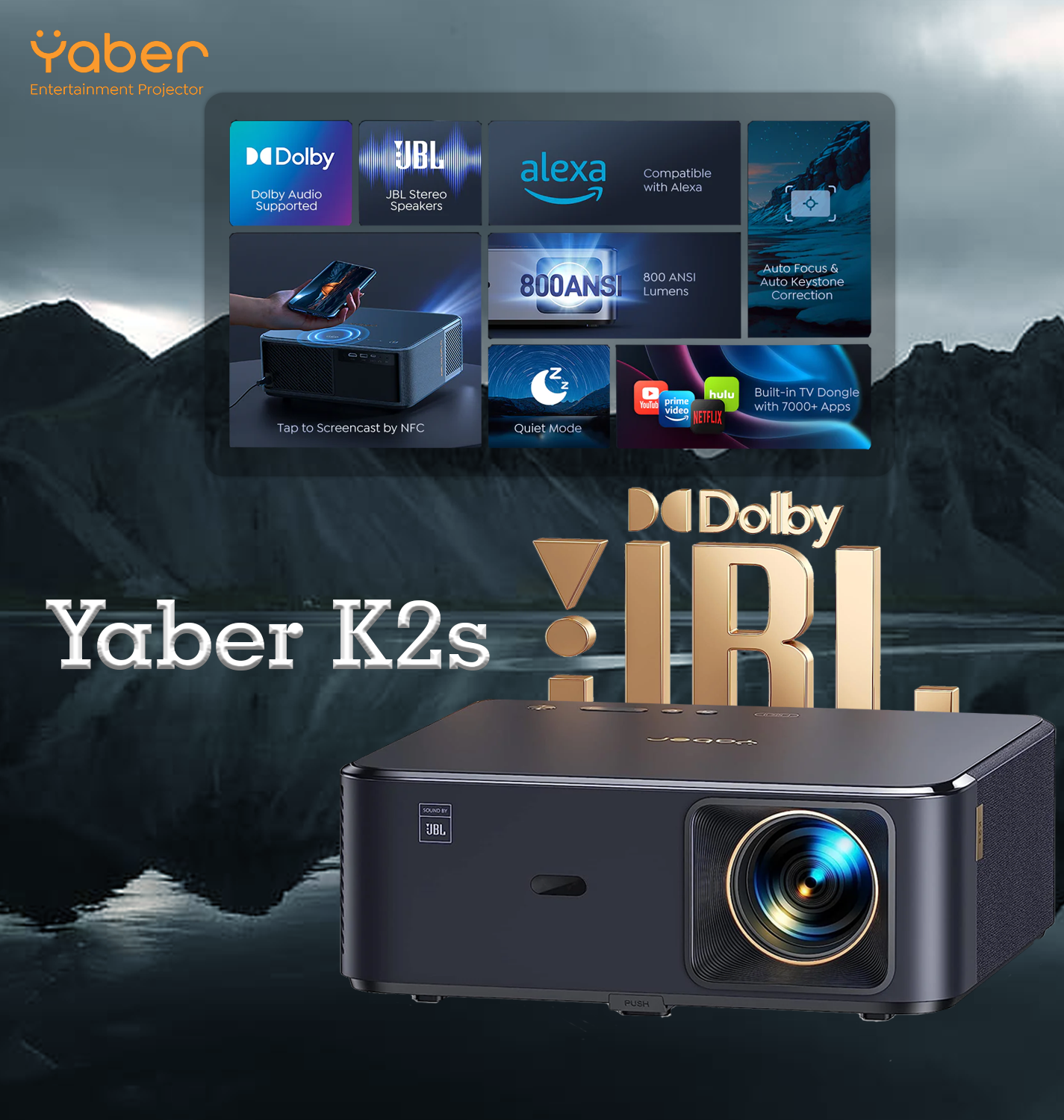 Yaber K2s 800 ANSI WiFi 6 Bluetooth Smart Projector w/ Auto Focus New Open  Box